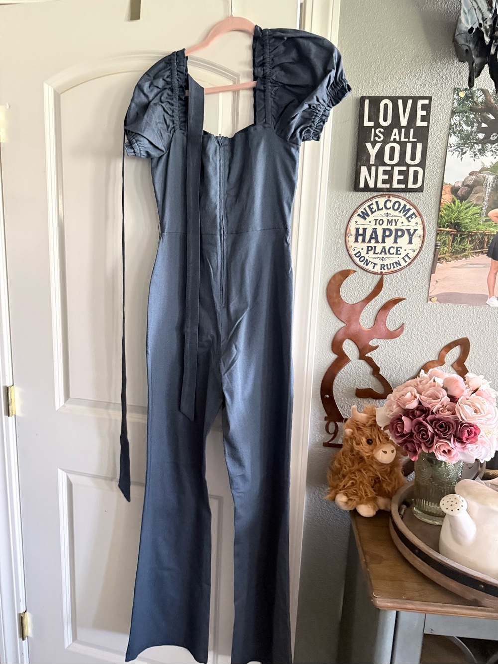 NWT Unique Vintage Denim Blue Puff Sleeve Wide Leg Jumpsuit Size M
